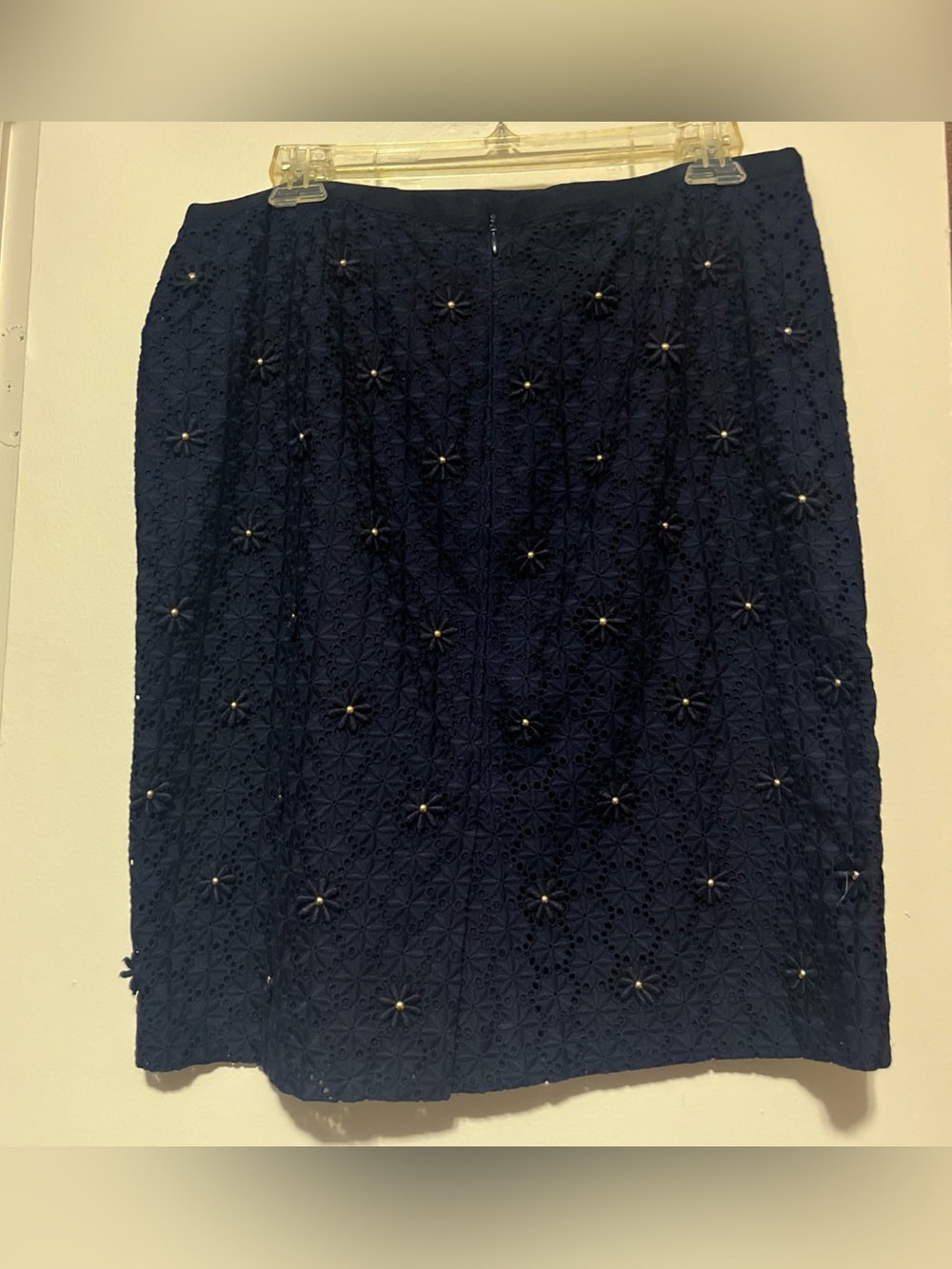 Talbots Navy Eyelet Midi Skirt with Pearl Accents